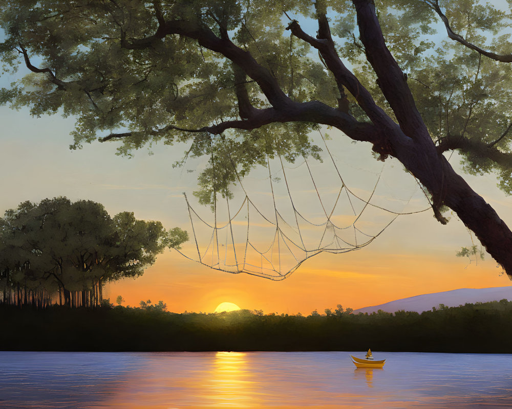 Tranquil river sunset with person in yellow boat and hammock tree