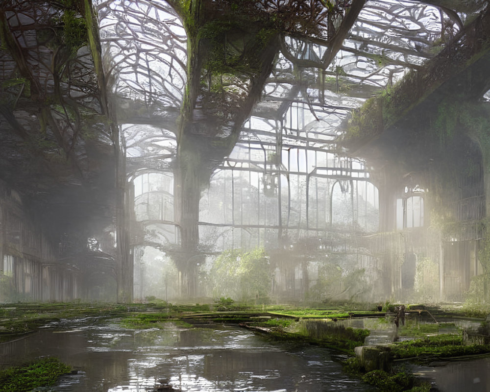 Overgrown abandoned greenhouse with sunlight filtering through glass ceiling