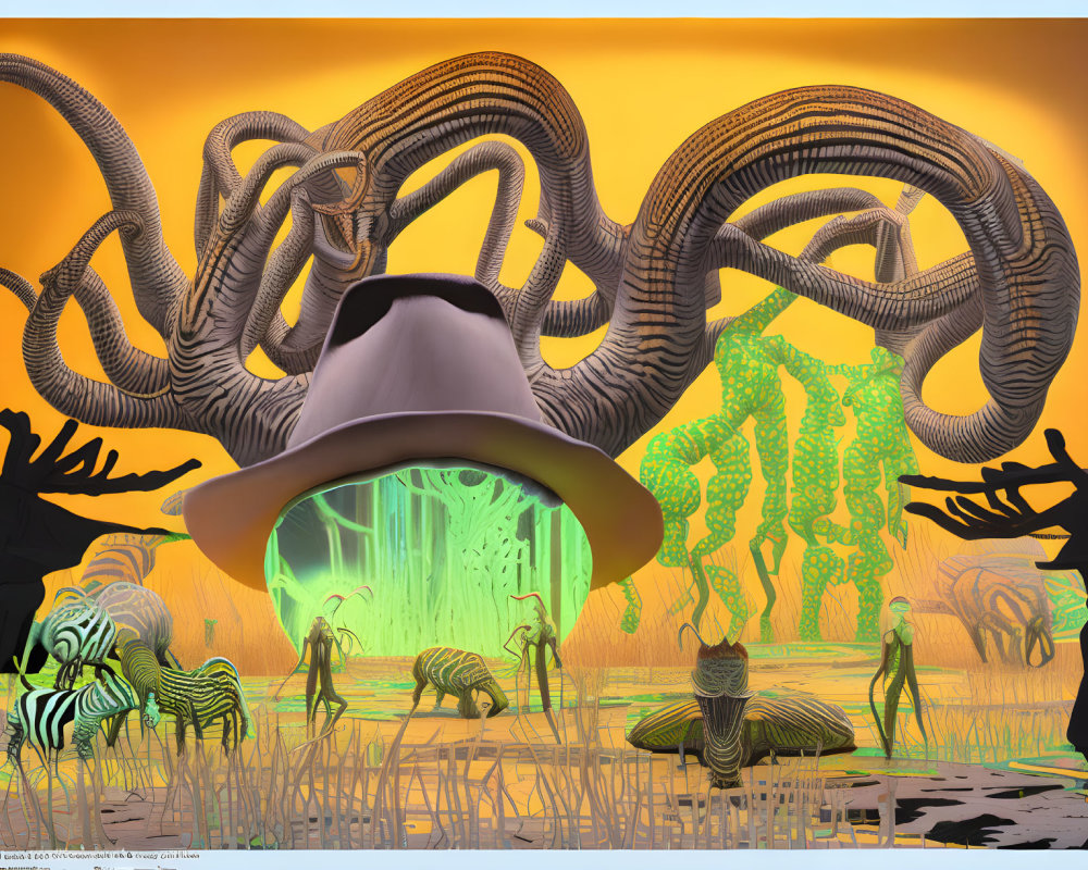 Surreal landscape featuring giant ram horns, hat, zebras, humanoid figures, and melting trees