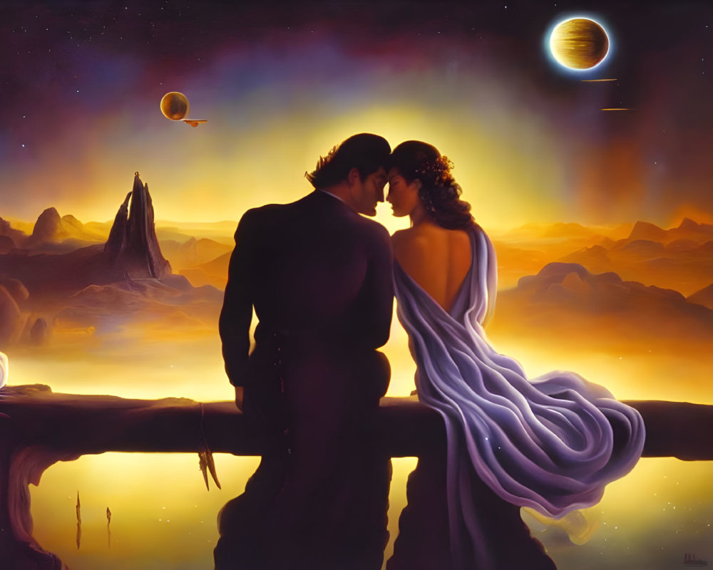 Couple embracing on bridge with surreal cosmic background
