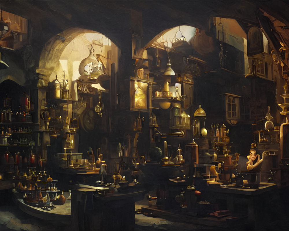 Dimly-lit Alchemist's Lab with Bottles, Books, and Apparatuses