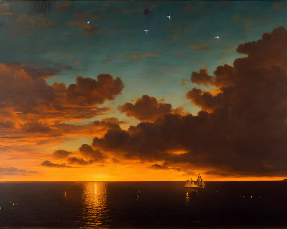 Tranquil sunset seascape with sailing ship and vibrant clouds