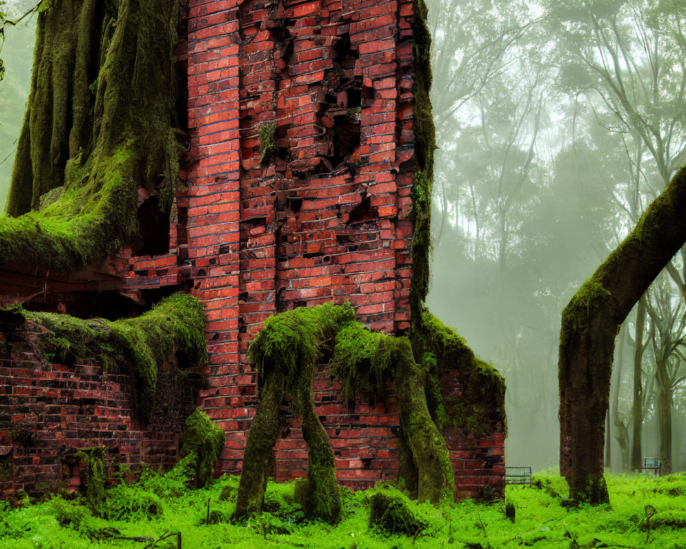 Moss-Covered Brick Chimney in Dense Forest Setting