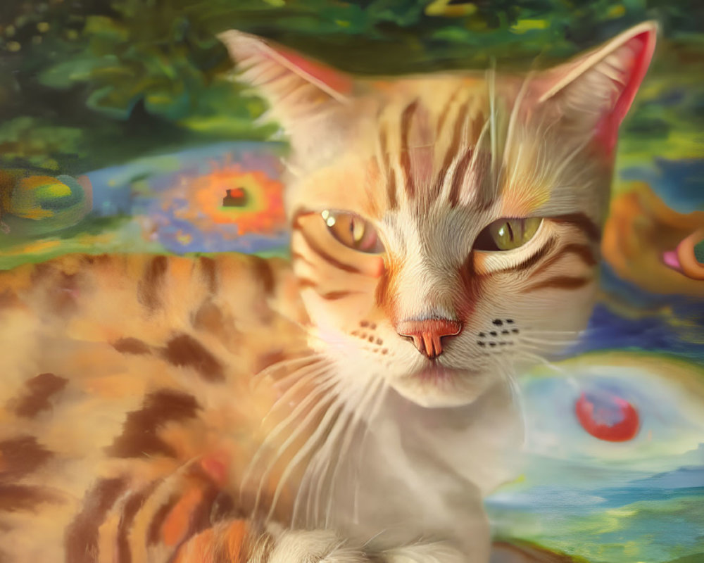 Whimsical orange tabby cat with human-like eyes in Van Gogh-style background