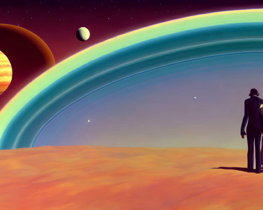 Silhouetted figures on alien landscape with rings and giant planets