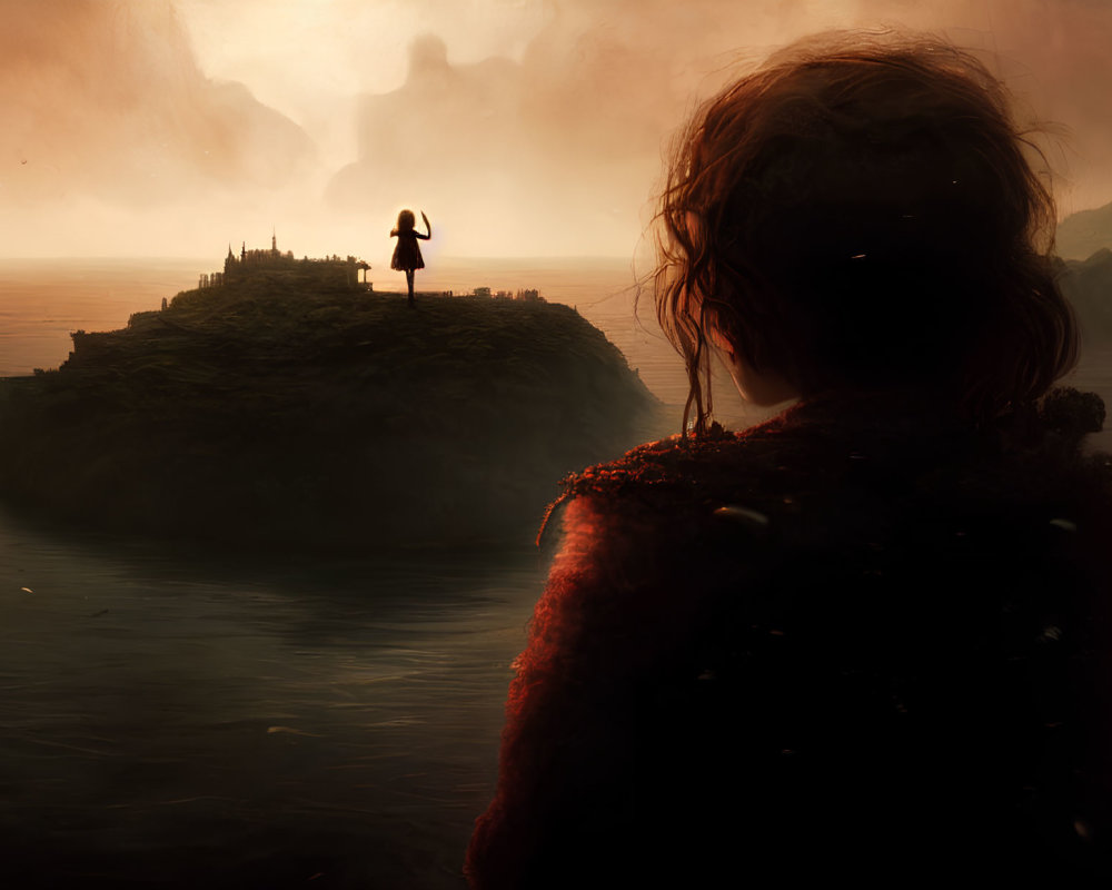 Silhouetted person on distant hilltop under dramatic red sky observed by foreground figure.