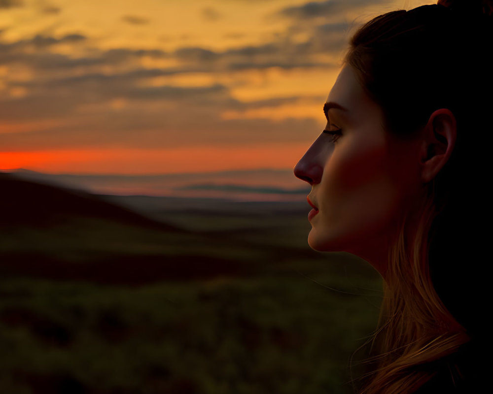 Profile of woman at sunset with warm hues casting soft light.