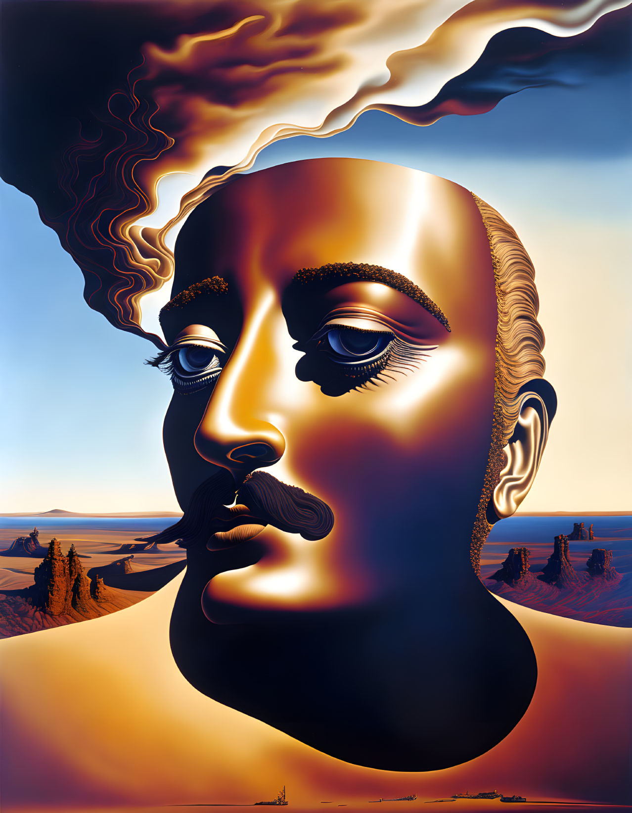 Surrealist painting: face with landscape features, cloud hair, fiery sky