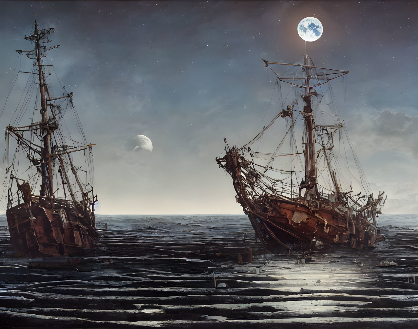 Tall ships on cracked icy landscape under night sky