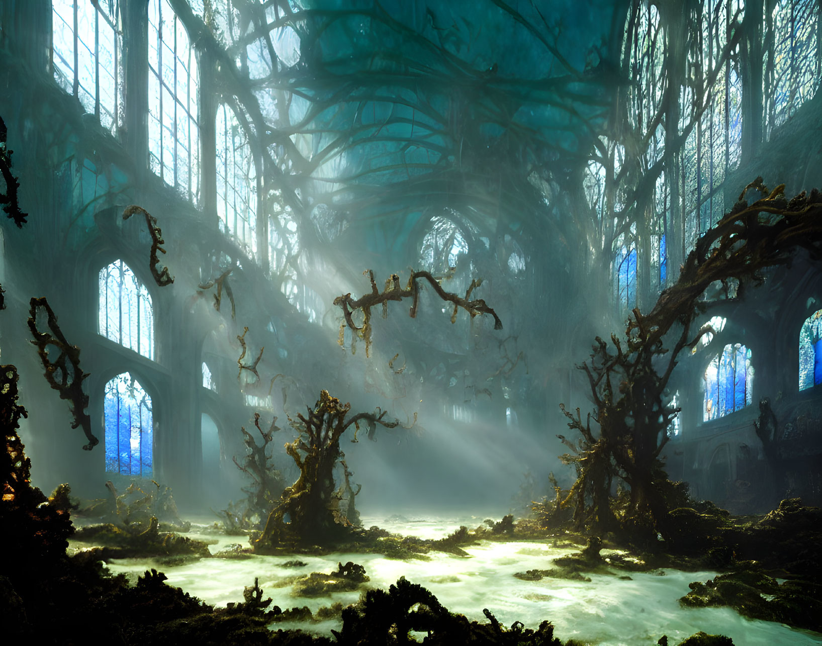 Ethereal forest meets gothic cathedral ruins in a misty scene