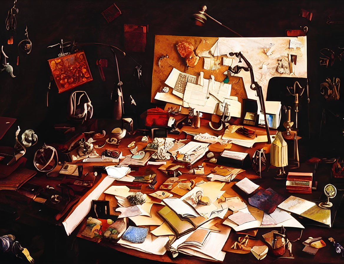 Cluttered Desktop with Books, Papers, and Globe