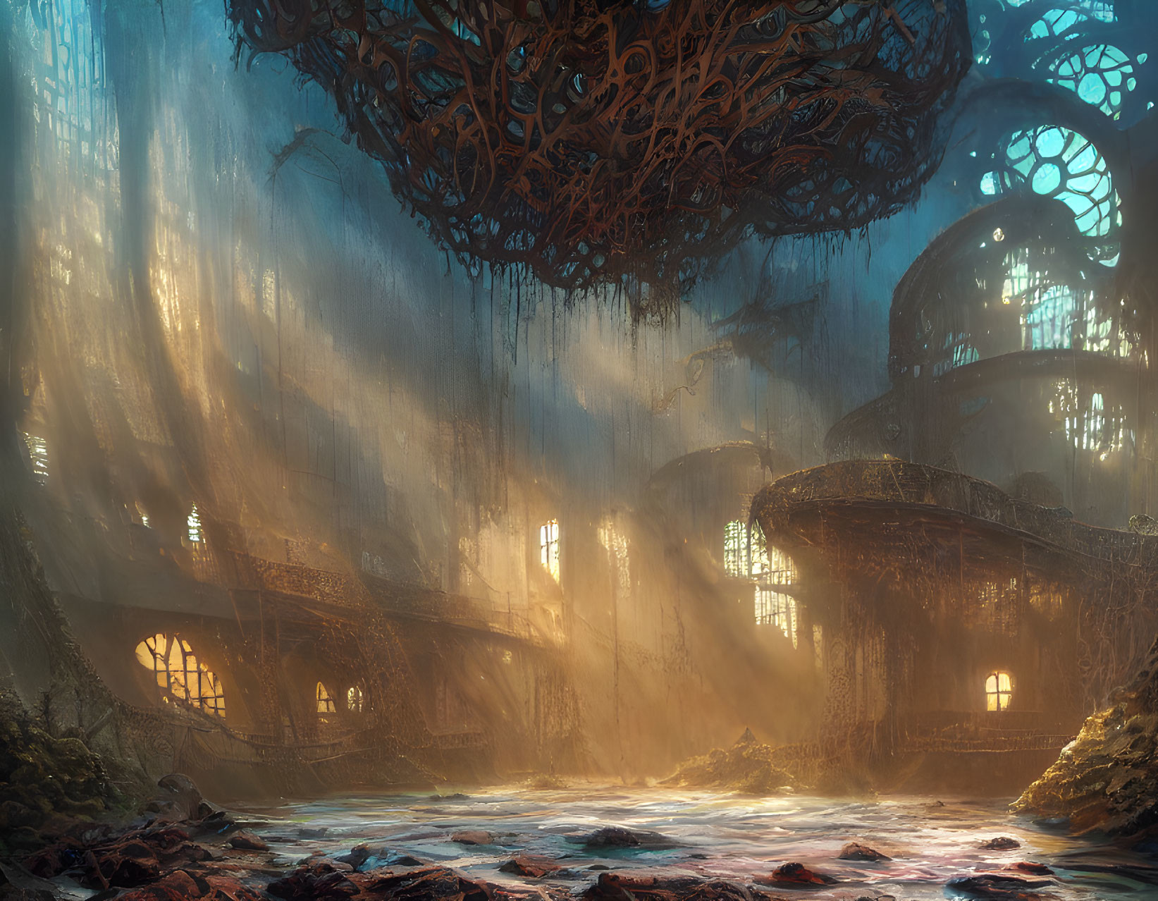 Ethereal fantasy landscape with towering trees, ancient architecture, and serene river