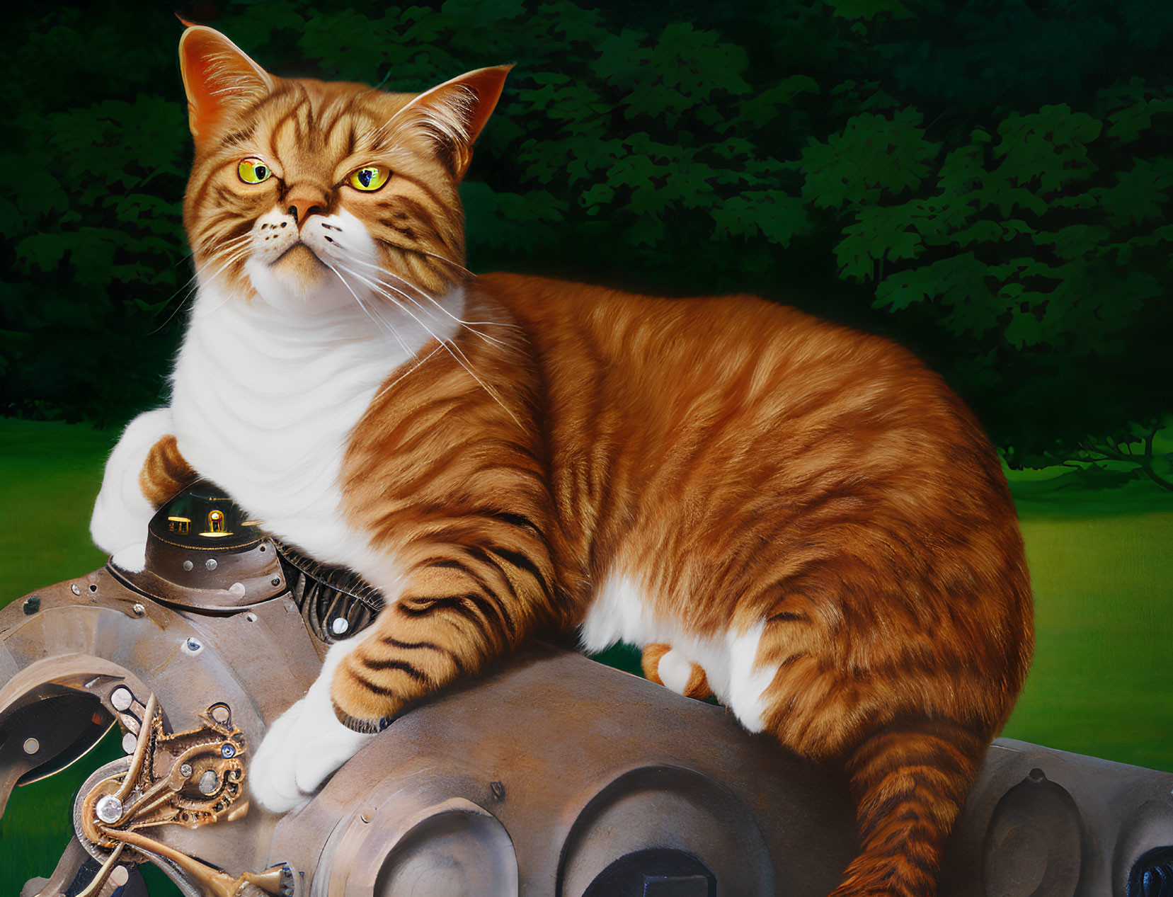 Orange Tabby Cat with Unique Markings on Mechanical Contraption in Green Foliage