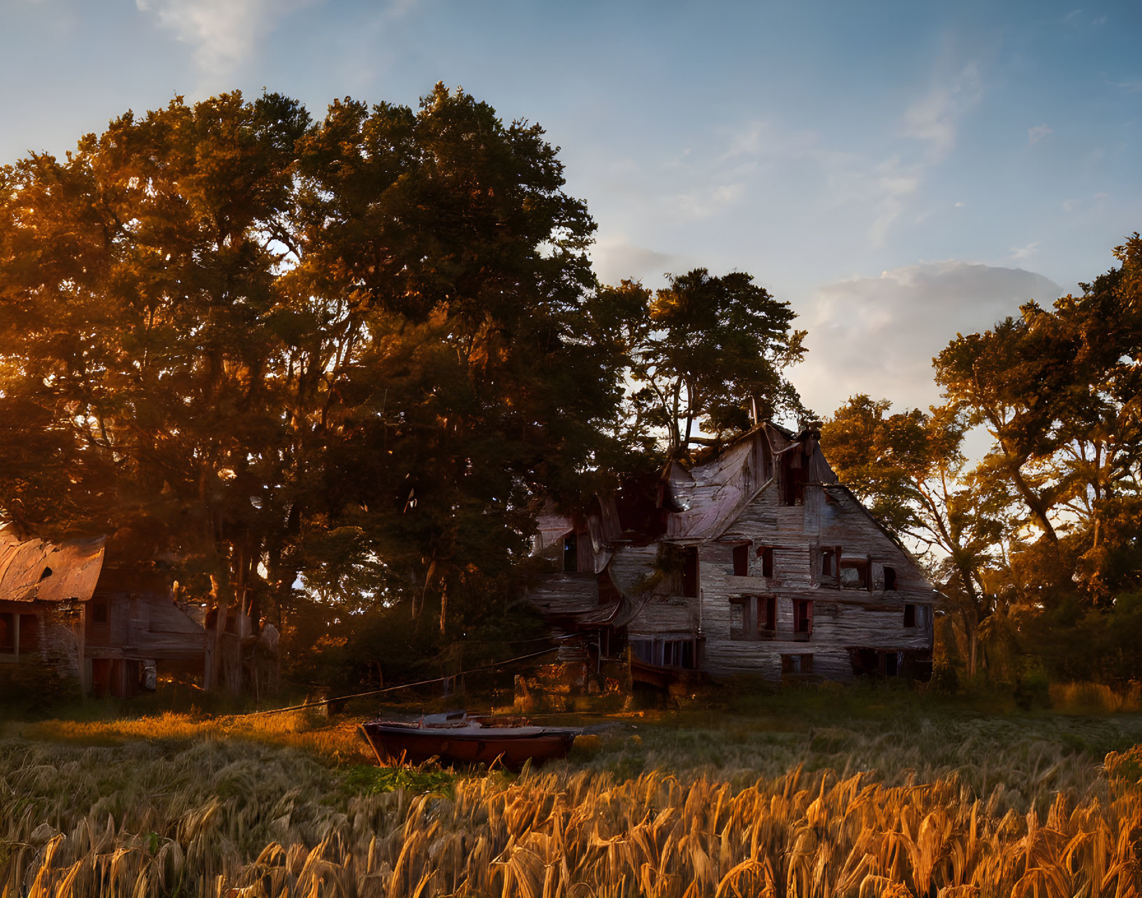 Abandoned wooden house in forest with rusty boat and wheat field at sunset
