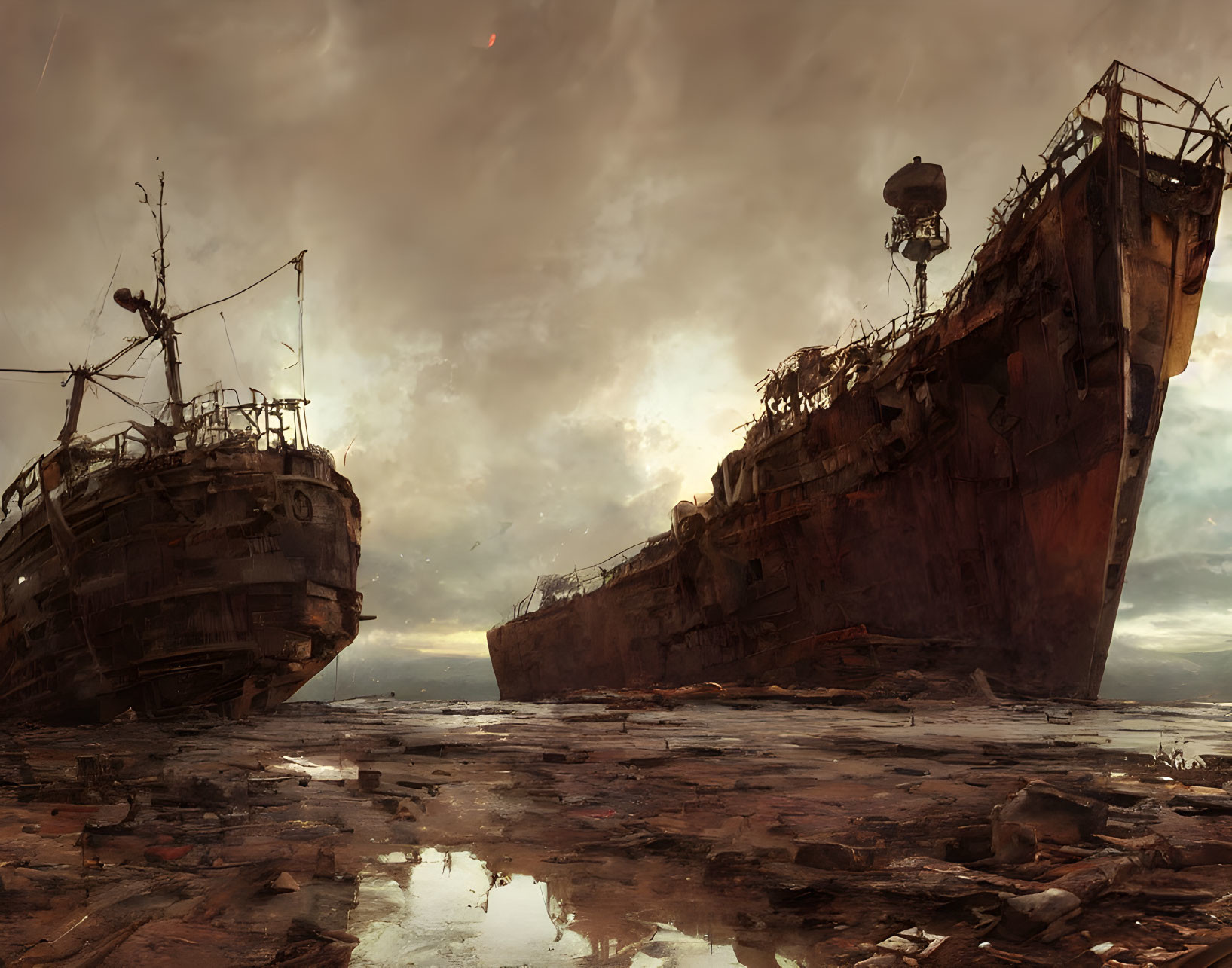 Desolate landscape with rusted ships under cloudy sky