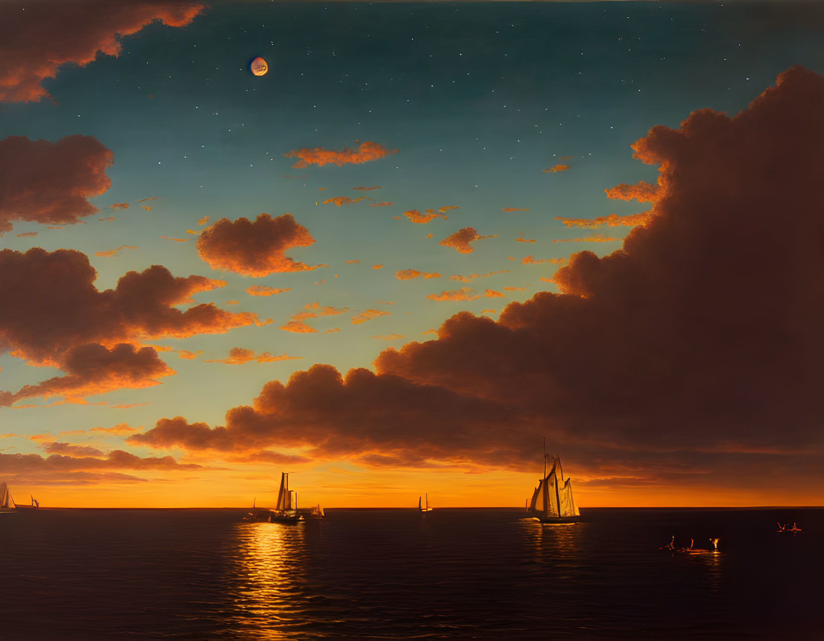 Twilight seascape with crescent moon, stars, sailing ships, and warm glow