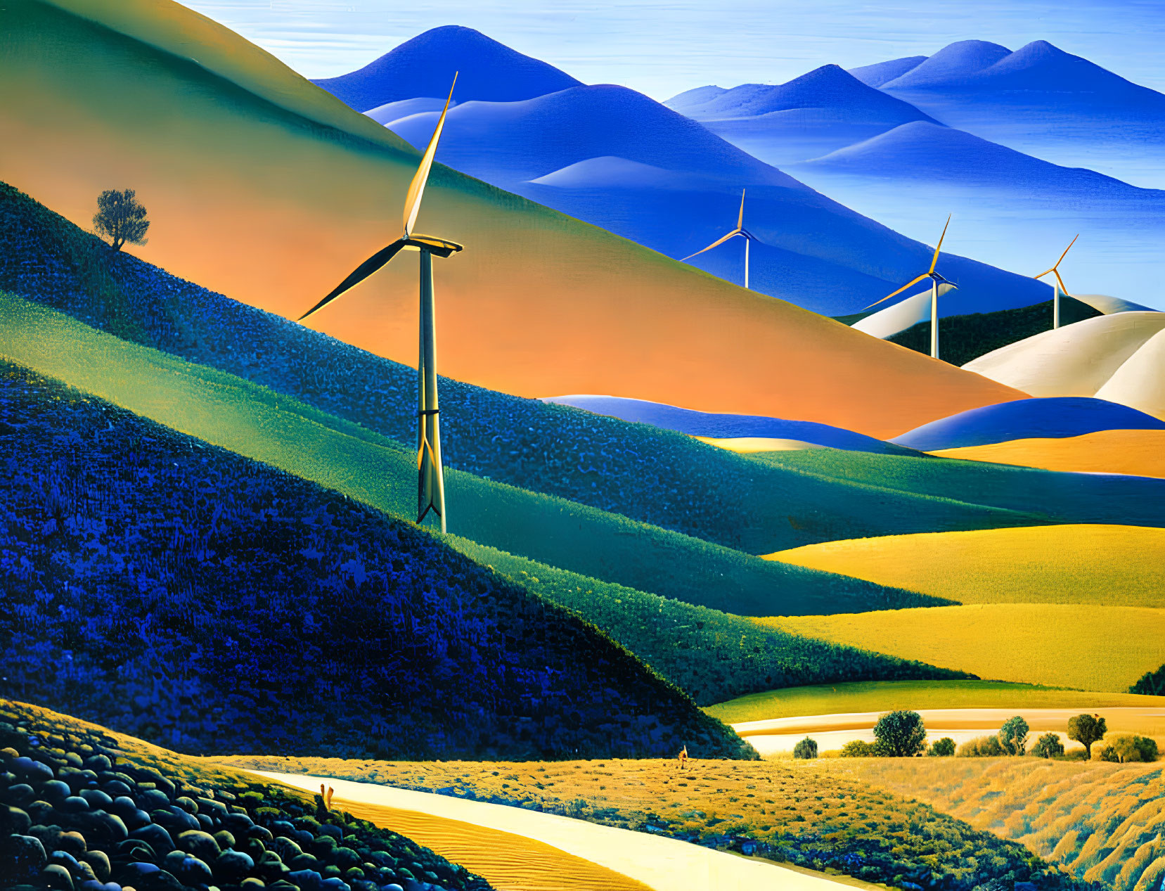 Blue and Orange Rolling Hills with Wind Turbines and Lone Tree
