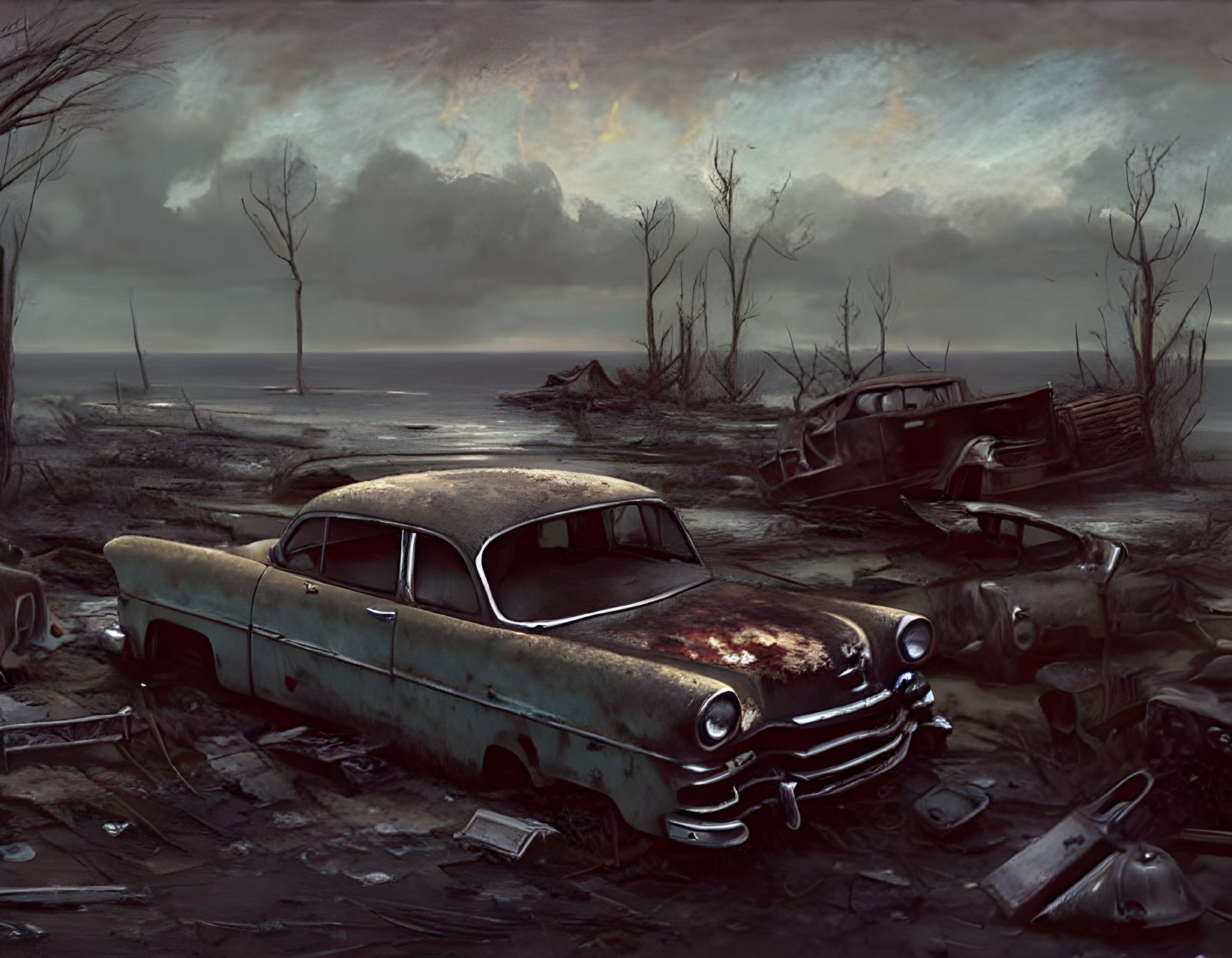 Dystopian landscape with rusted cars and desolate trees under brooding sky