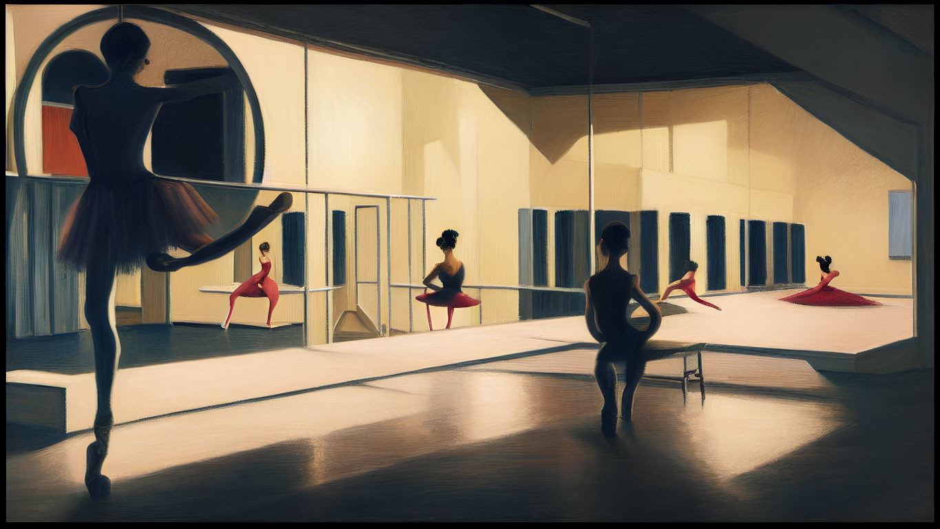 Ballet dancers practicing in mirrored studio with barres