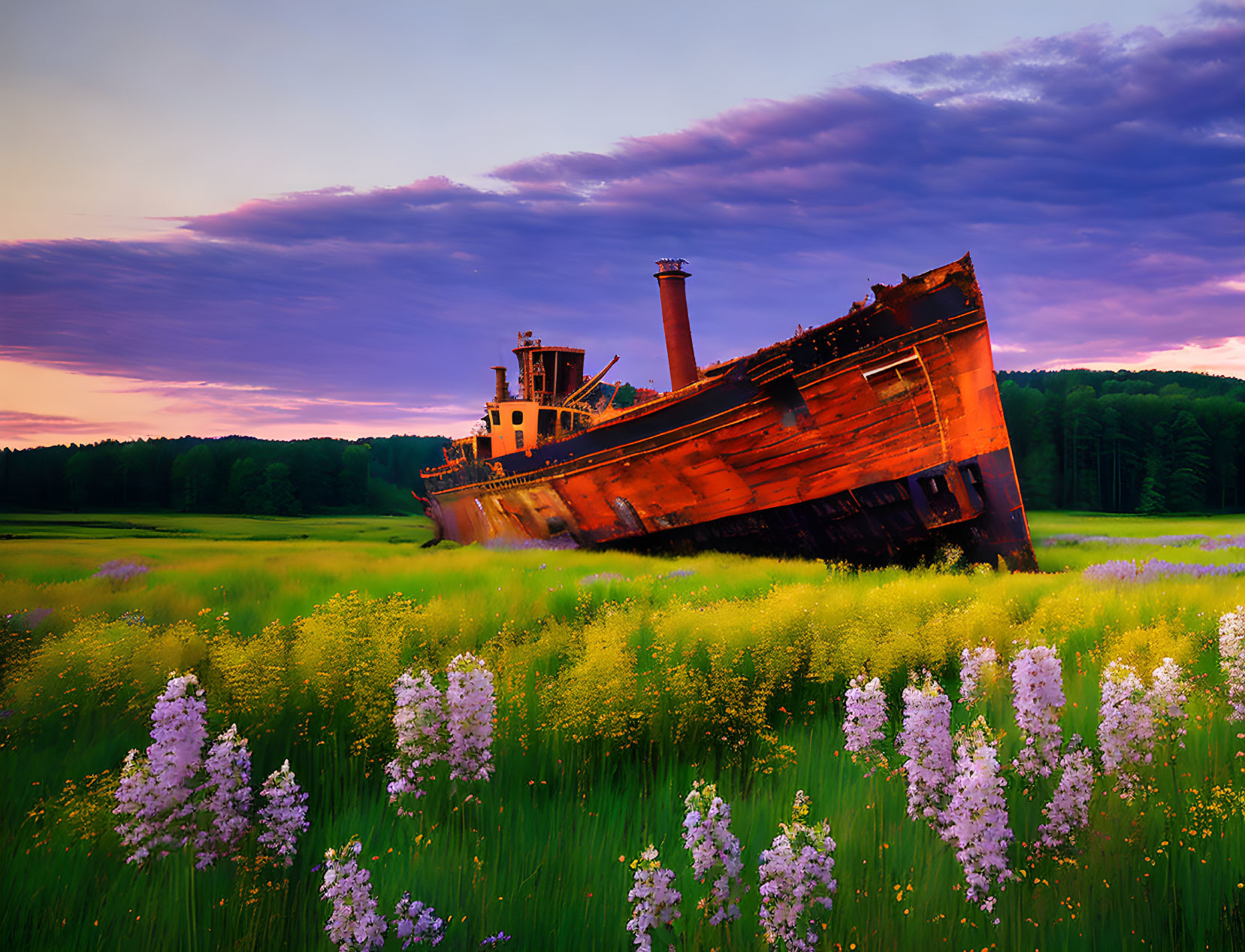 Abandoned shipwreck surrounded by purple flowers at sunset