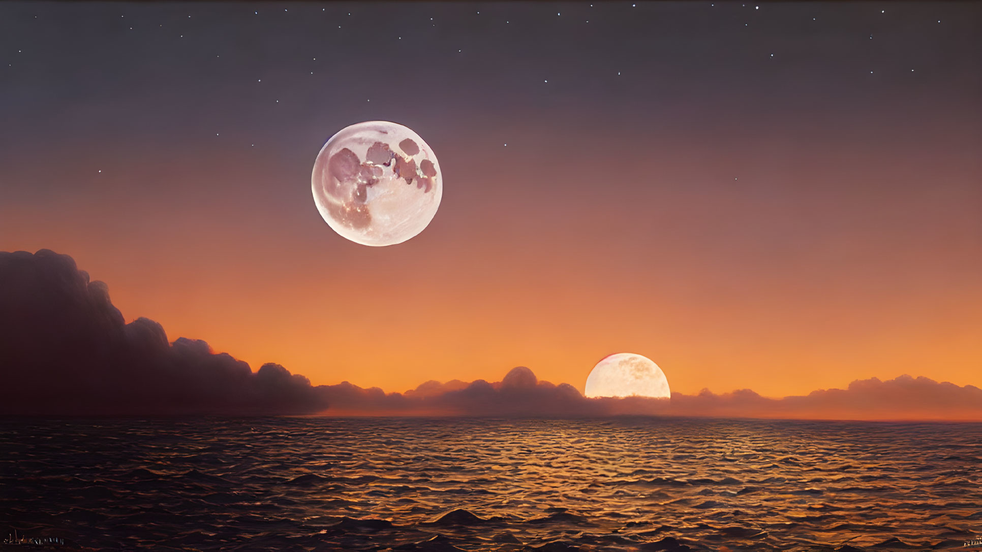 Tranquil seascape at twilight with full moon, sun, and orange sky