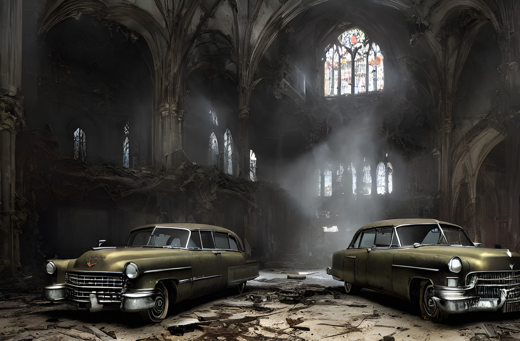 Vintage cars in Gothic church with stained-glass window and dust particles.