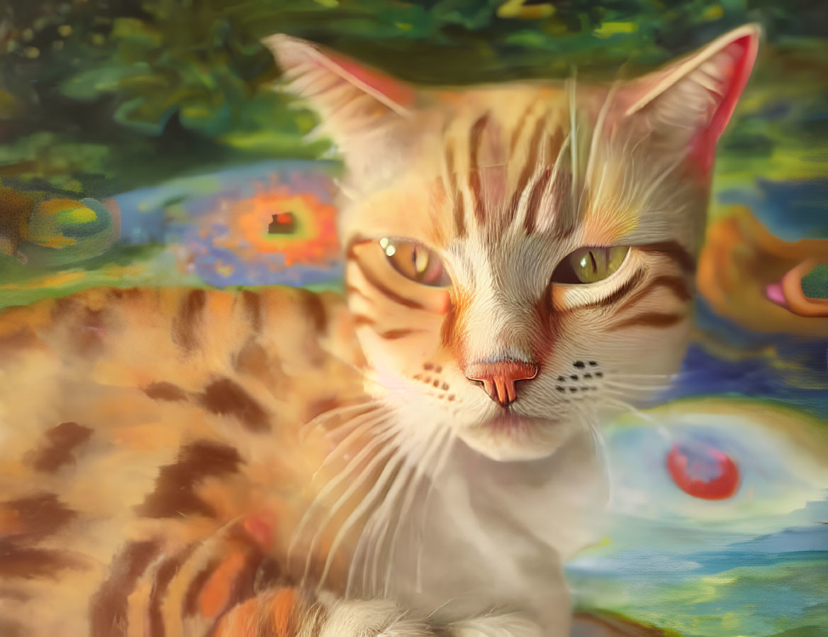 Whimsical orange tabby cat with human-like eyes in Van Gogh-style background