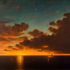 Twilight seascape with crescent moon, stars, sailing ships, and warm glow