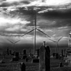 Monochrome artwork of desolate graveyard with tombstones and crosses, against stormy sky