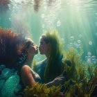 Stylized merpeople figures in intimate underwater scene surrounded by coral and bubbles