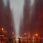 Couple standing on wet street amid tall buildings and streetlights under hazy, foggy sky