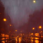 Person with umbrella walking on wet, reflective street in urban rain scene