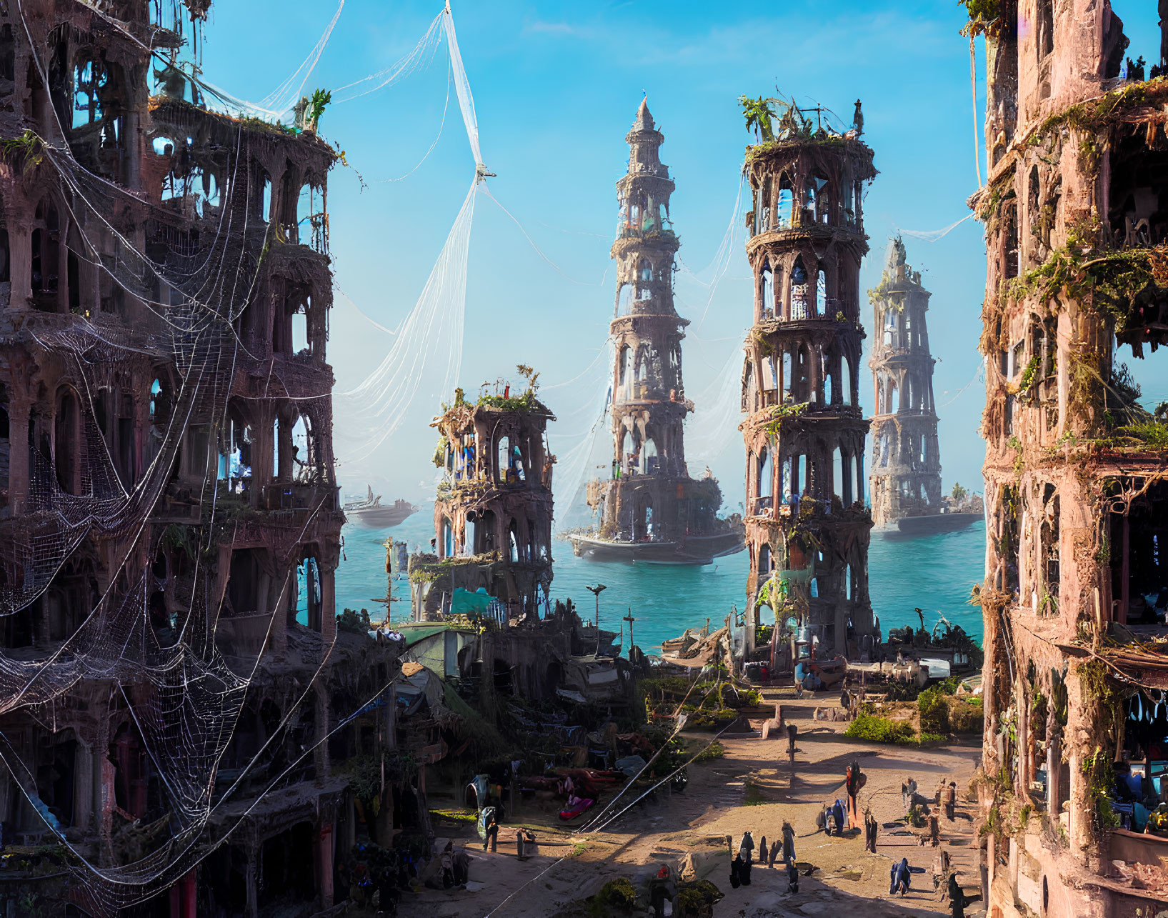 Futuristic cityscape with towering structures, clear sky, people, and ships.