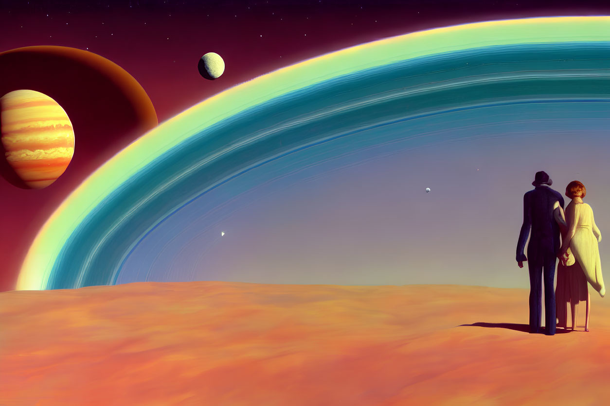 Silhouetted figures on alien landscape with rings and giant planets