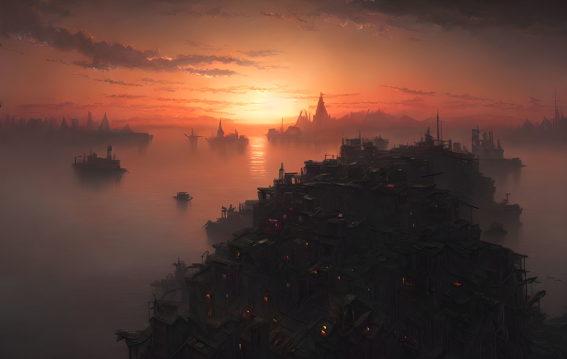 Dystopian sunset over crowded waterfront city with dense buildings and ships against orange sky