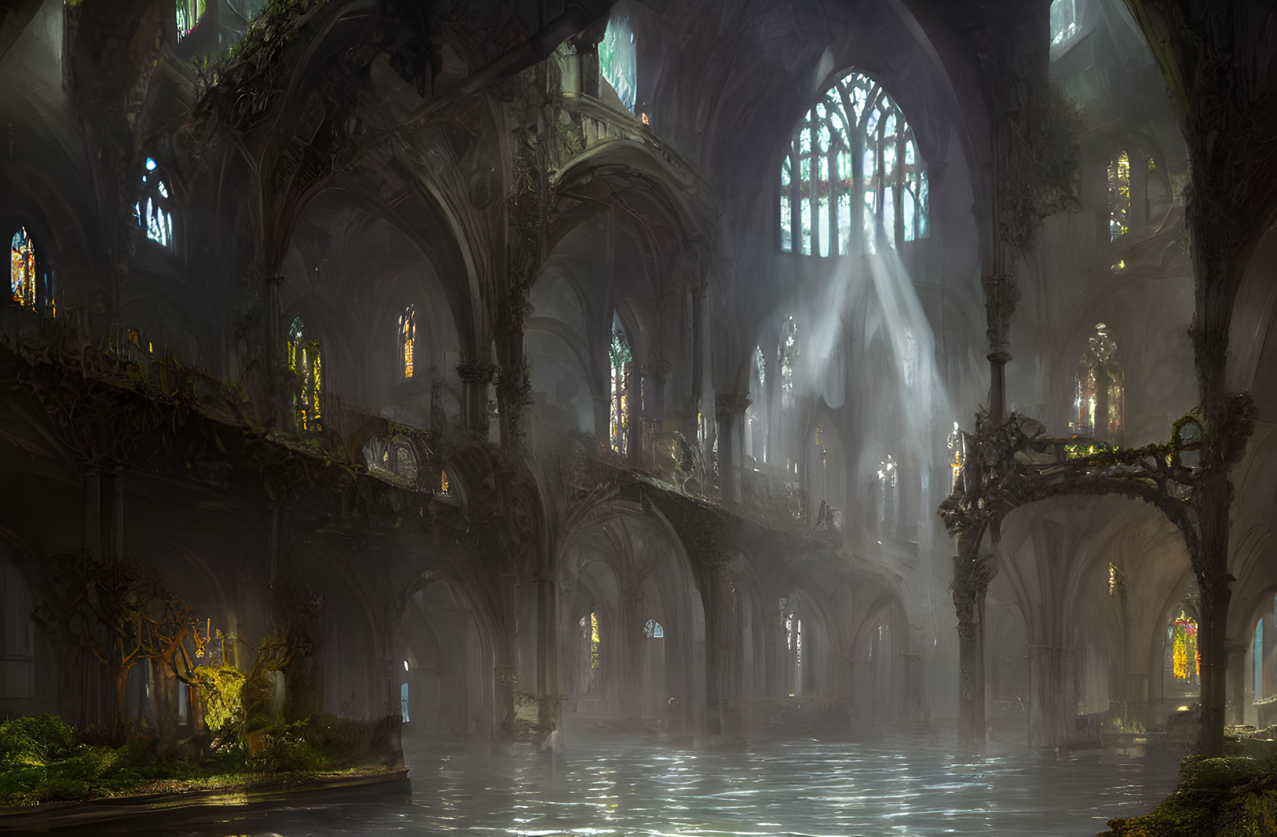 Gothic fantasy cathedral with ethereal light and overgrowth