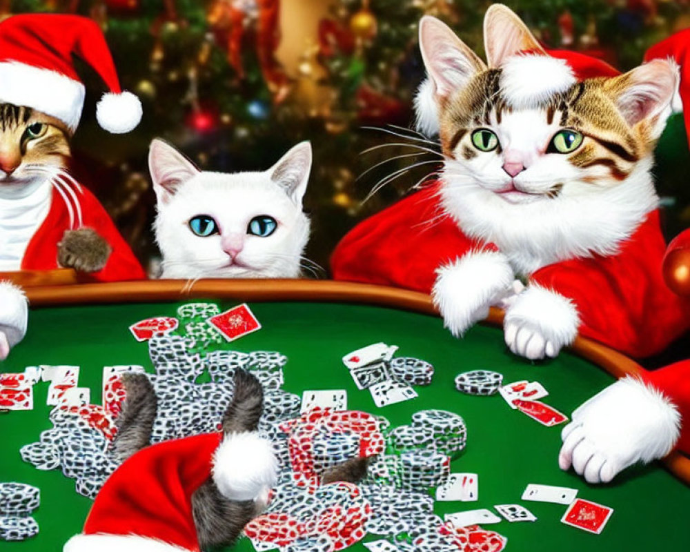 Festive Christmas cats playing with cards on green table