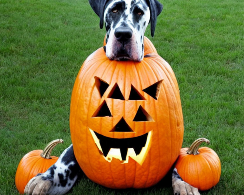 Dog Head in Carved Pumpkin with Mini Pumpkins on Grass