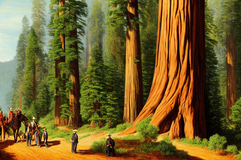 Group of People in Forest with Giant Sequoia Trees and Sunlight
