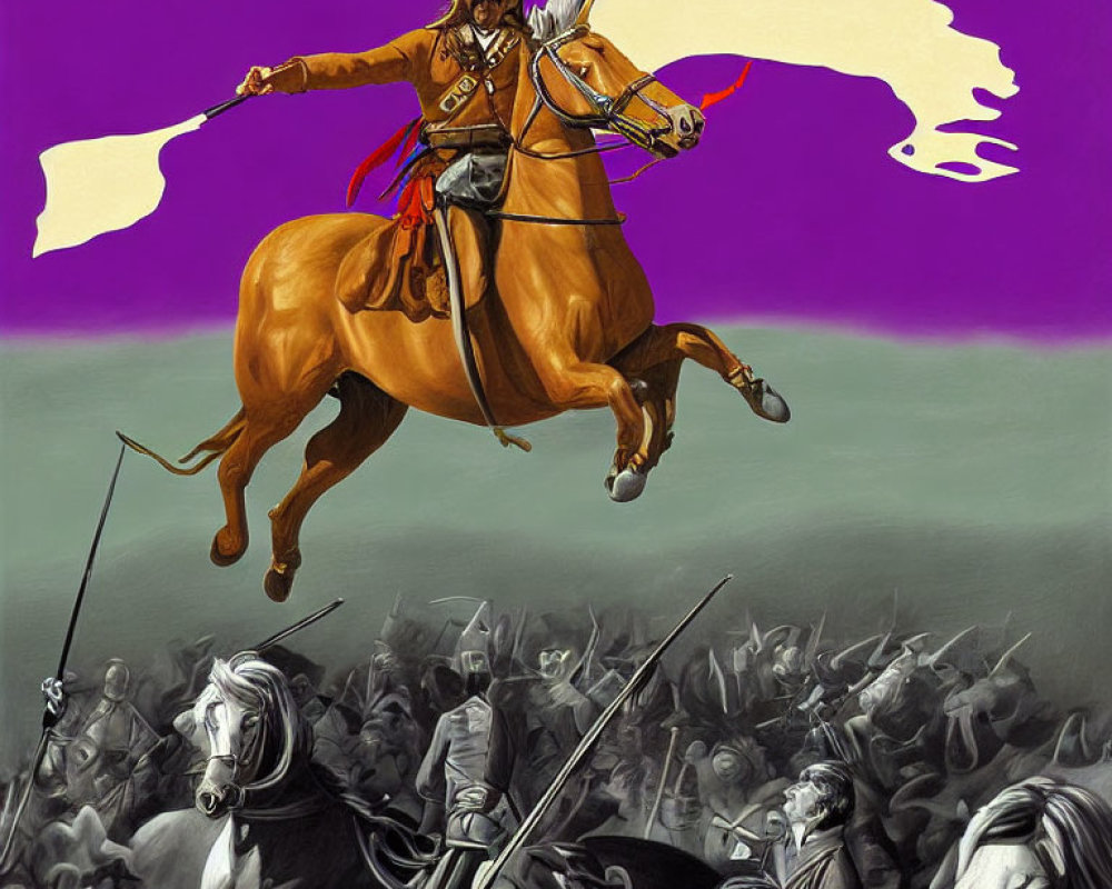 Colorful cowboy on horse with sword and flowing cape above crowd
