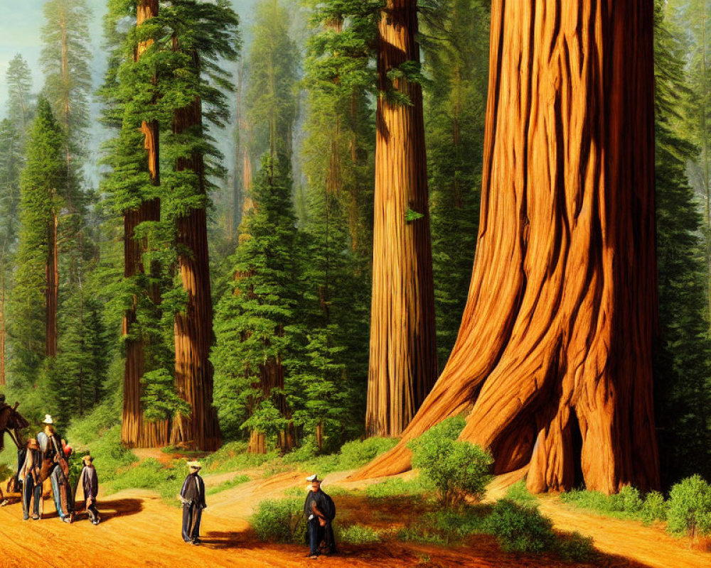 Group of People in Forest with Giant Sequoia Trees and Sunlight
