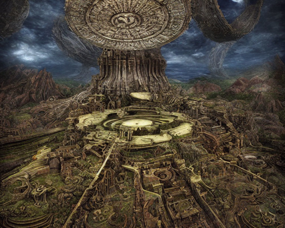 Ancient mystical city with advanced architecture and two moons in dark sky