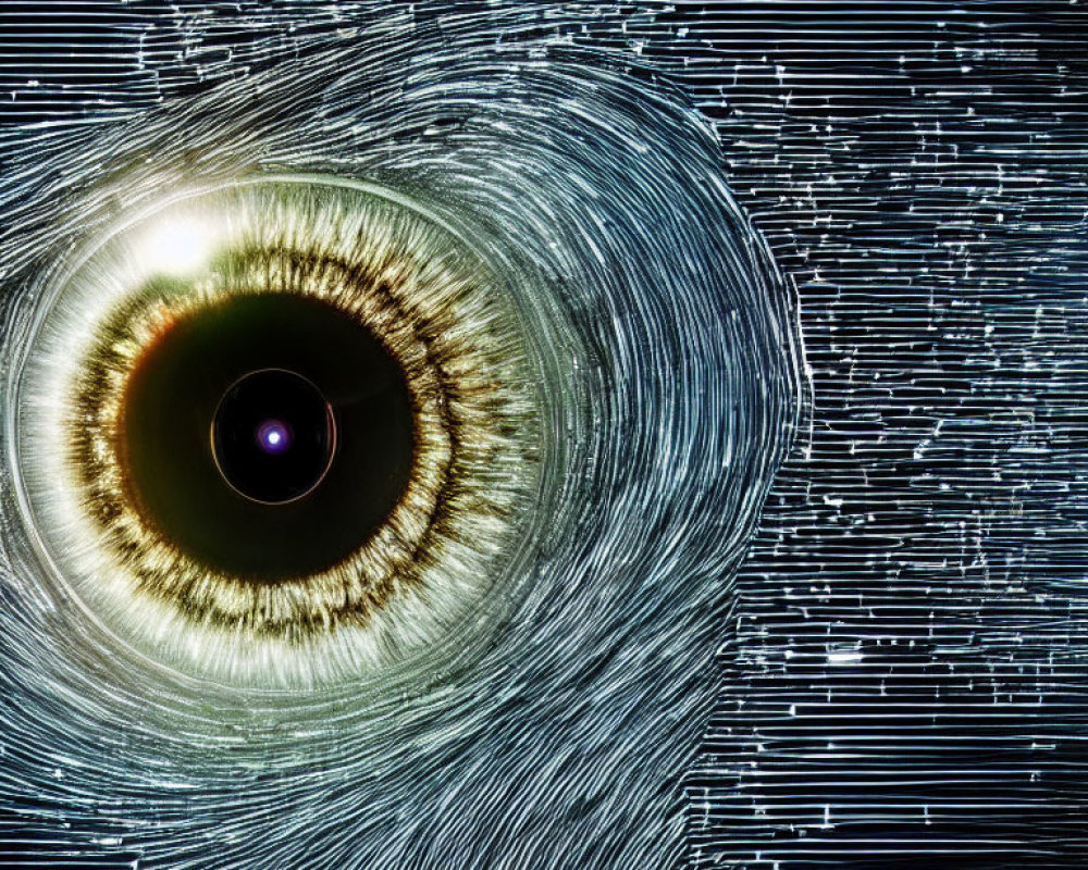 Detailed close-up of dilated pupil against digital data pattern