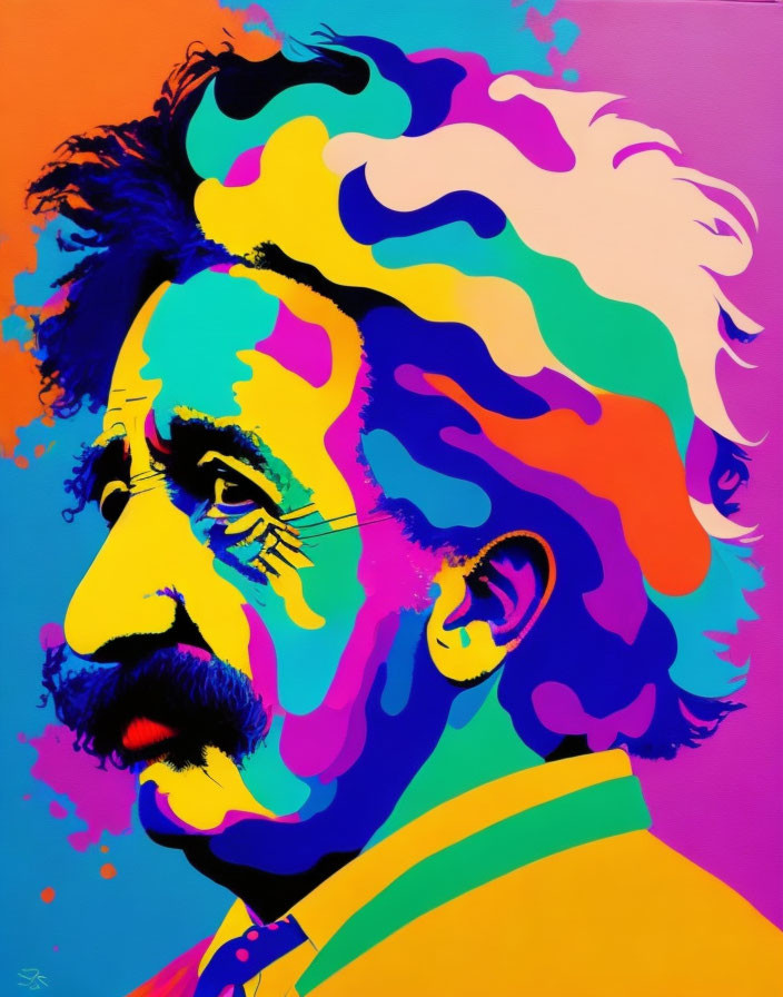 Colorful Pop Art Portrait of Man with Mustache and Wild Hair