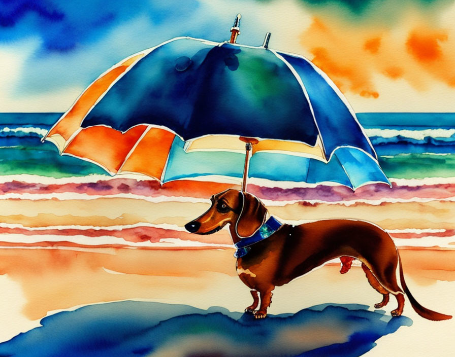 Dachshund under multicolored umbrella on sunny beach