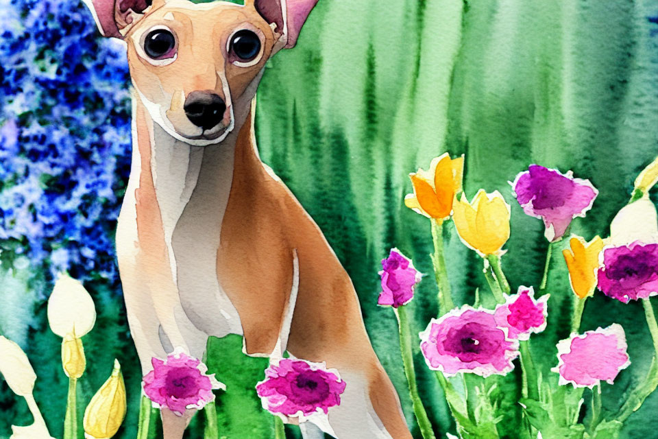 Italian Greyhound surrounded by colorful flowers in watercolor art