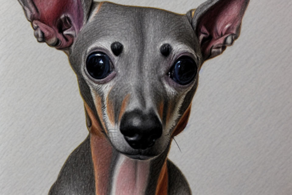 Detailed close-up of gray and tan dog with expressive eyes and prominent ears