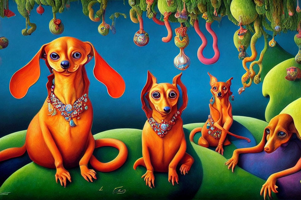 Colorful painting of stylized orange dogs with elongated bodies and large eyes, wearing necklaces,