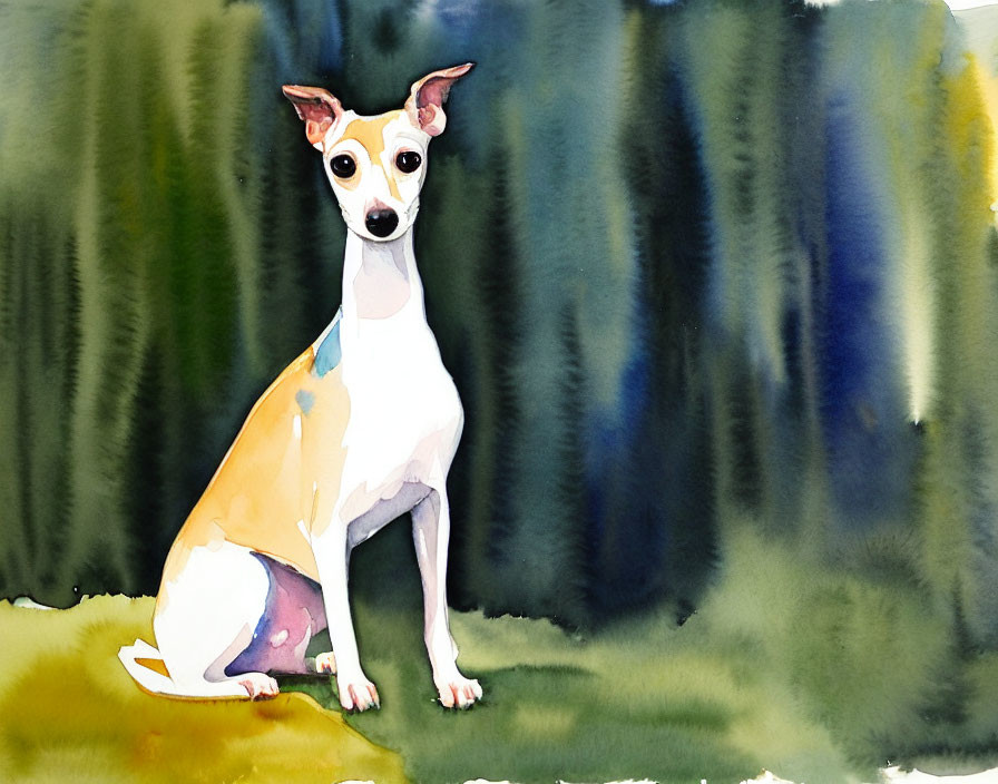 Brown and White Dog in Watercolor Against Abstract Background