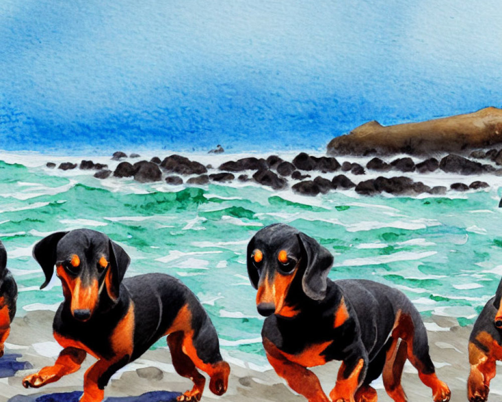 Two Dachshunds on Beach with Waves and Rocks in Watercolor